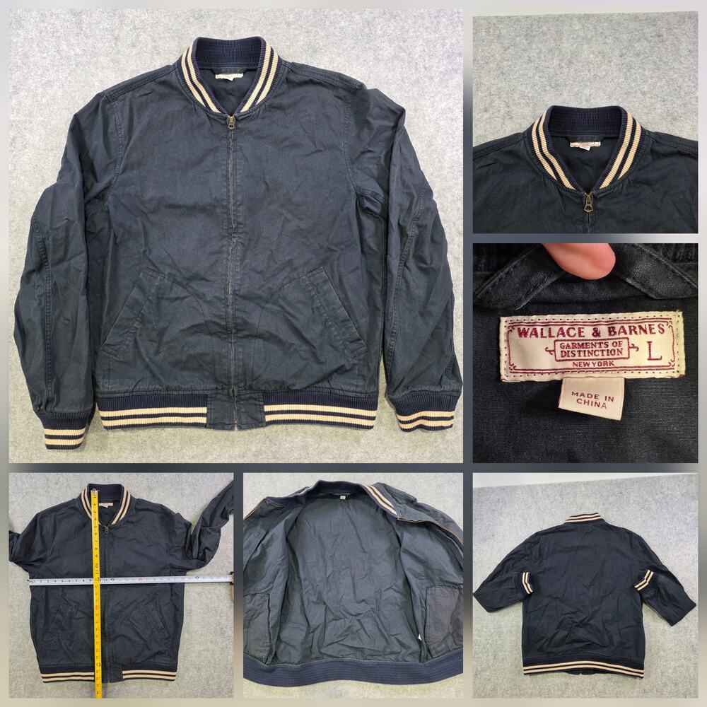 Wallace & Barnes Jacket Mens Large Navy Cotton Bomber‎ Varsity Full Zip Casual